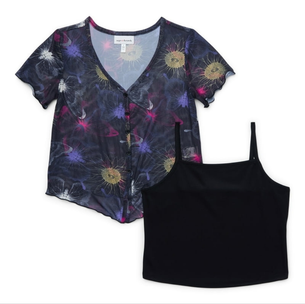 Sugar & Diamonds Girls Mesh Button Up Top with Cami, 2-Piece
